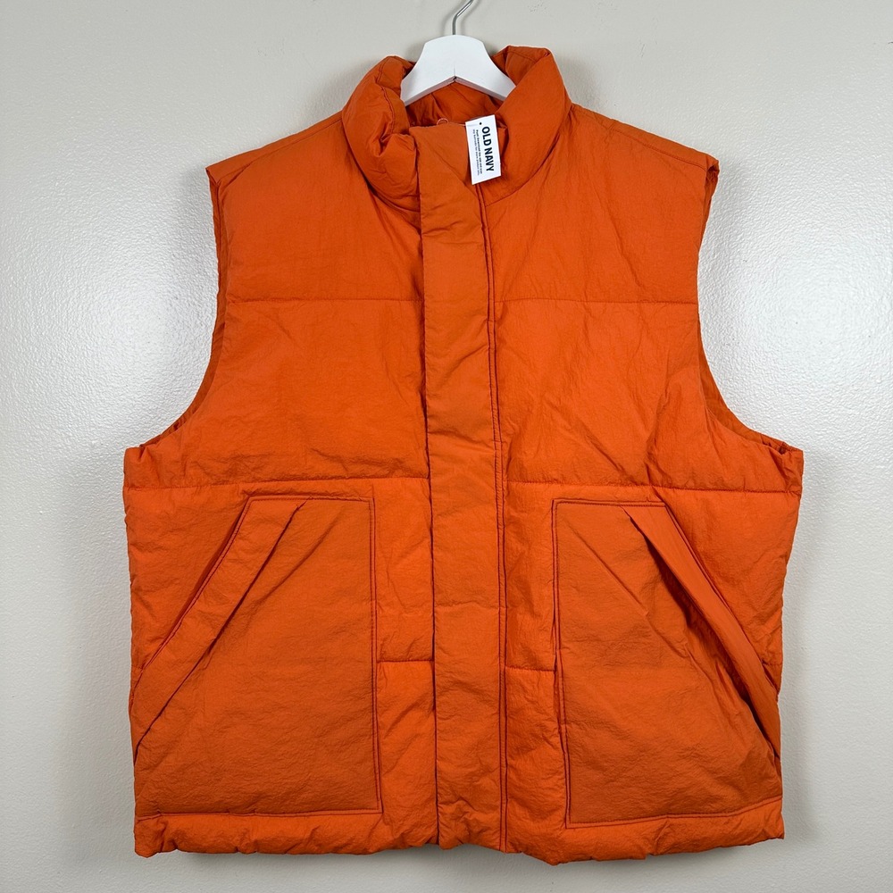 Old Navy Men's XL Puffer Vest Orange Water-Resistant Full Zip Mock Neck NEW